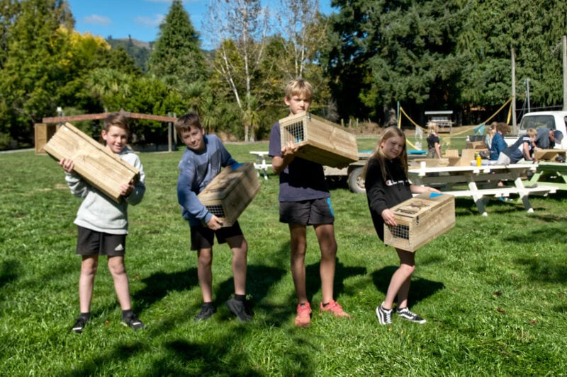 Ngatimoti School Year 8 students with the trips they've built for Farmers for Whio