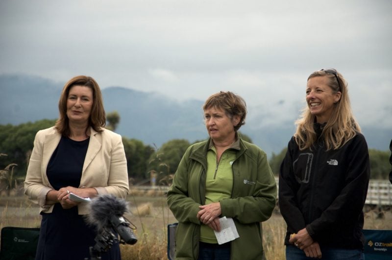 Mayor of Nelson, Rachel Reese, Helen Kettles of DOC and Lauren Walker of TET at the launch of the blue carbon Core and Restore project