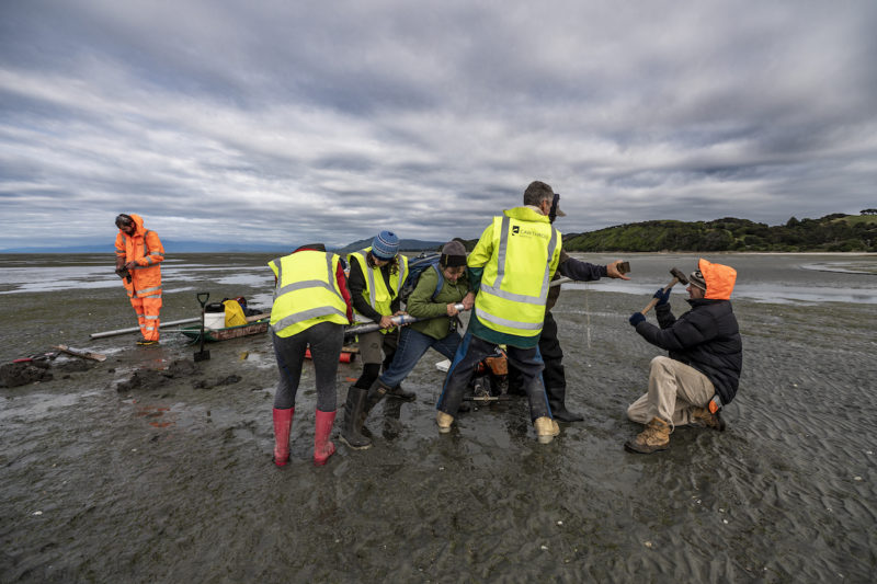 The team extracts a sediment core.