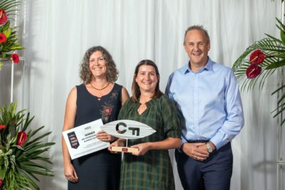 Sky Davies and Abby Boffa of Tasman Environmental Trust with Howie Timms of NBS at the 2022 NTCC Business Awards