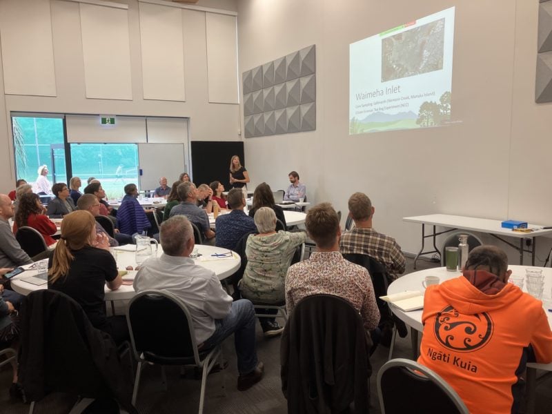 Core & Restore project lead Lauren Walker addresses attendees at a hui in March 2023.